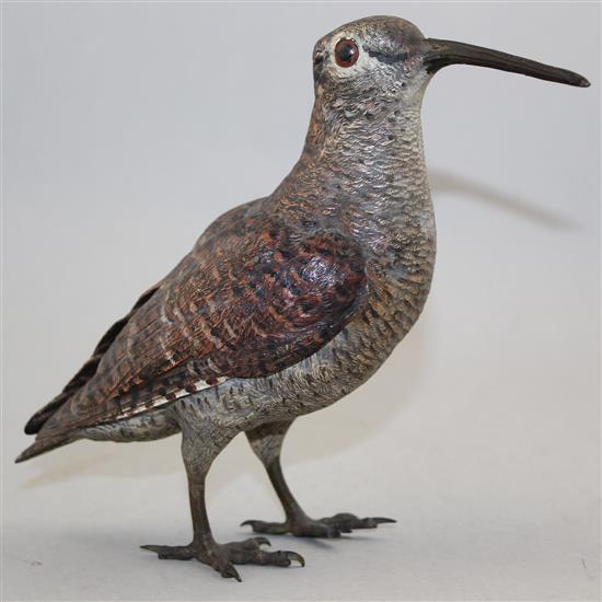 A late 19th / early 20th century Austrian cold painted bronze woodcock, 7in.